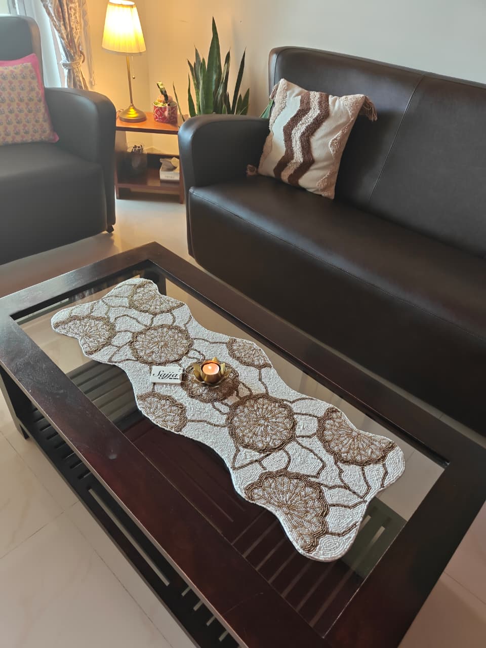 Handmade Vintage Gold Floral Beaded Table Runner | Foyer runner | Coffee Table Runner