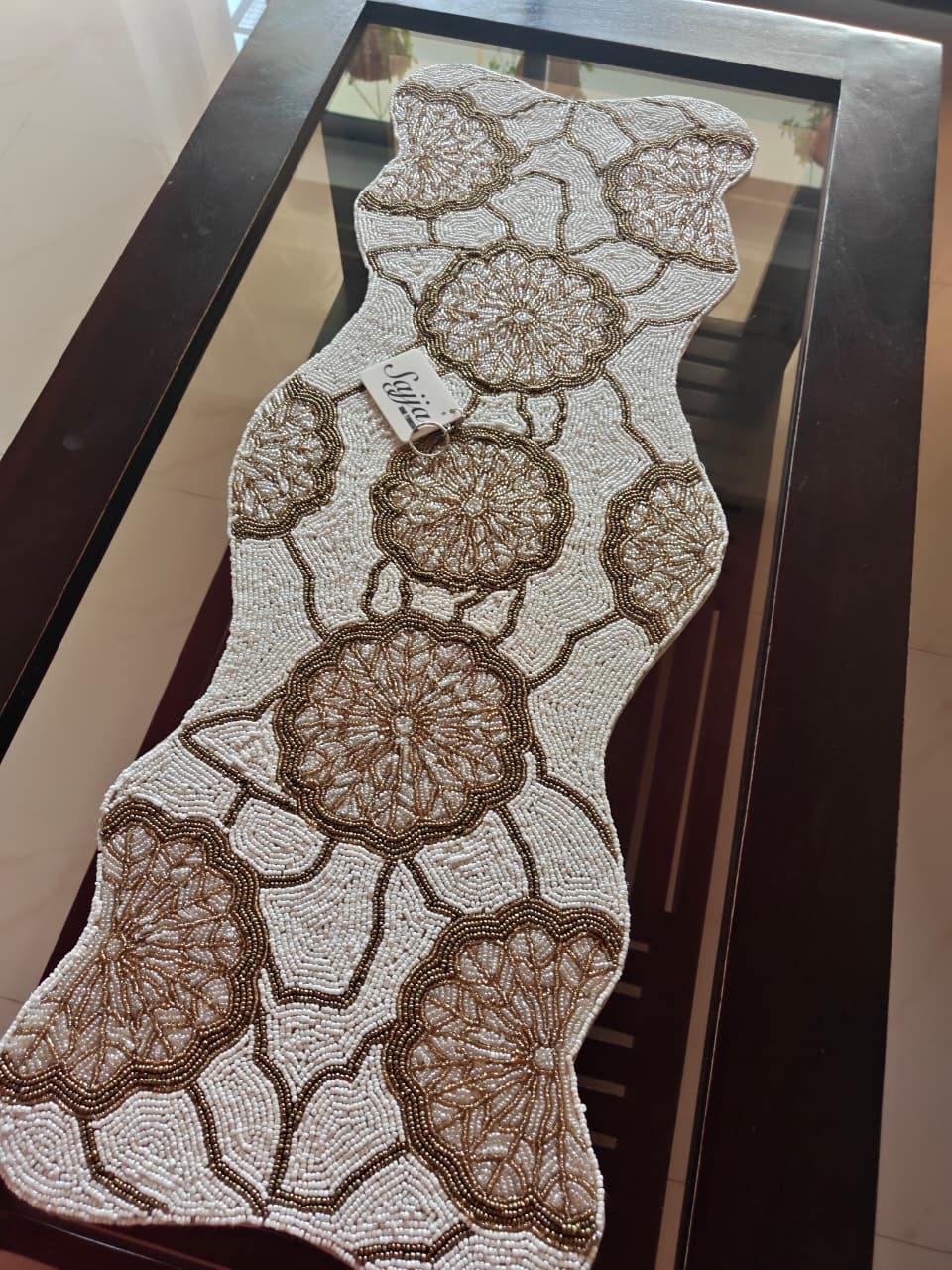 Handmade Vintage Gold Floral Beaded Table Runner | Foyer runner | Coffee Table Runner