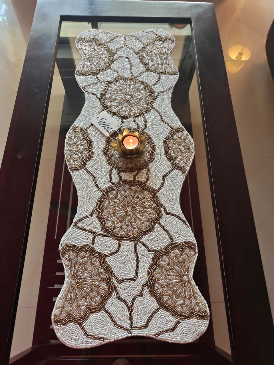 Handmade Vintage Gold Floral Beaded Table Runner | Foyer runner | Coffee Table Runner