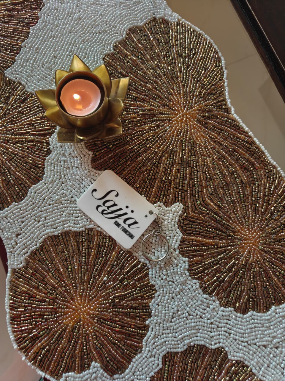 Designer Chic White Ivory Gold Beads White And Table Runner