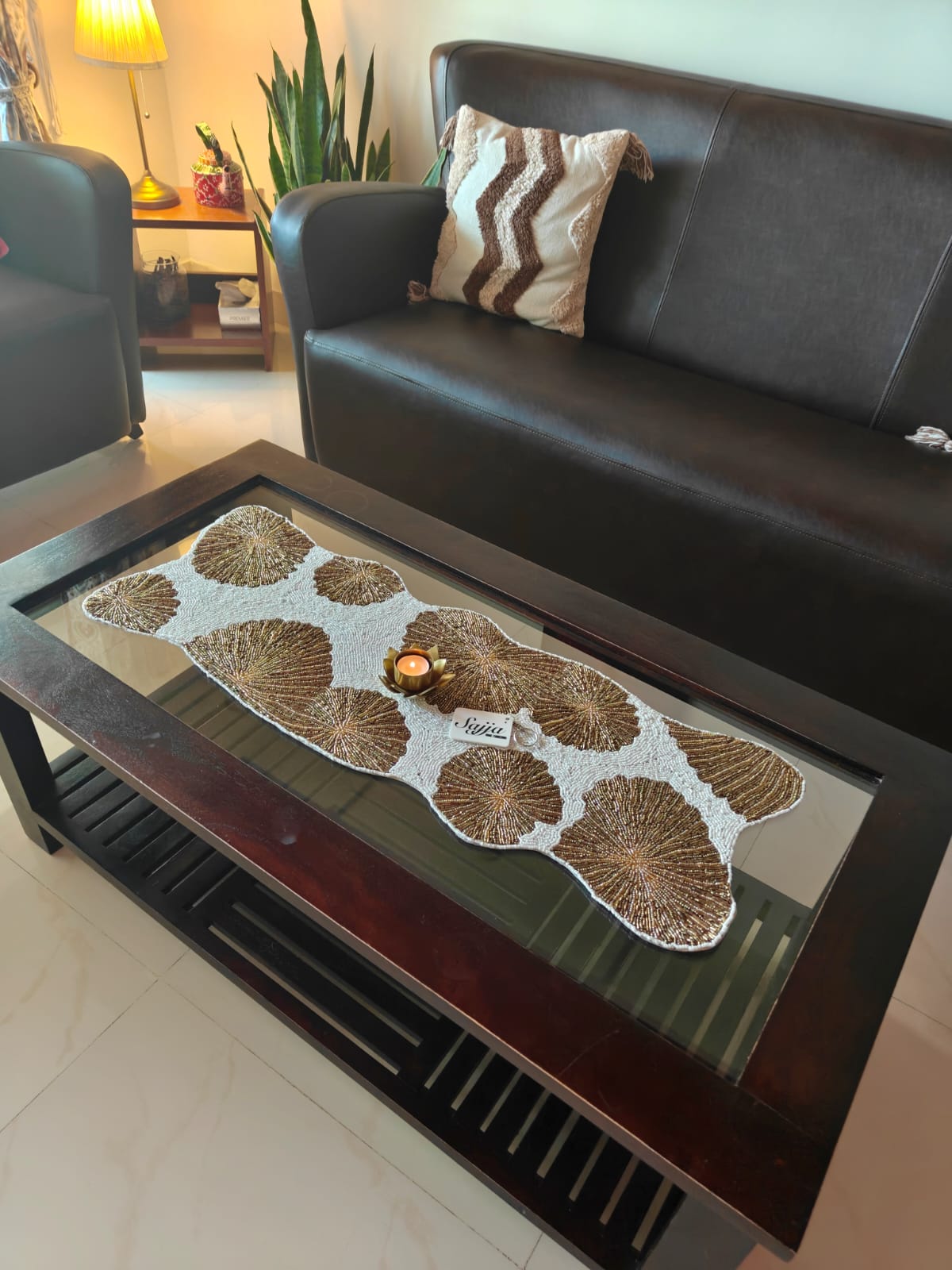 Designer Chic White Ivory Gold Beads White And Table Runner