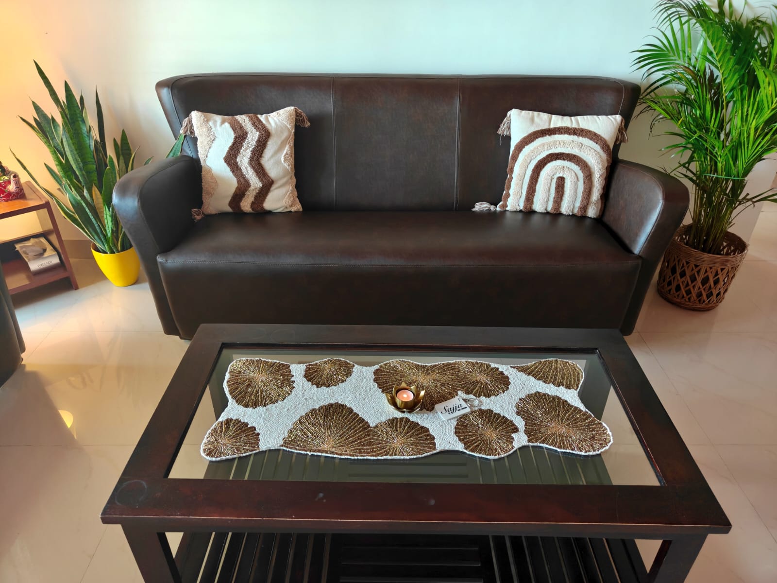 Designer Chic White Ivory Gold Beads White And Table Runner