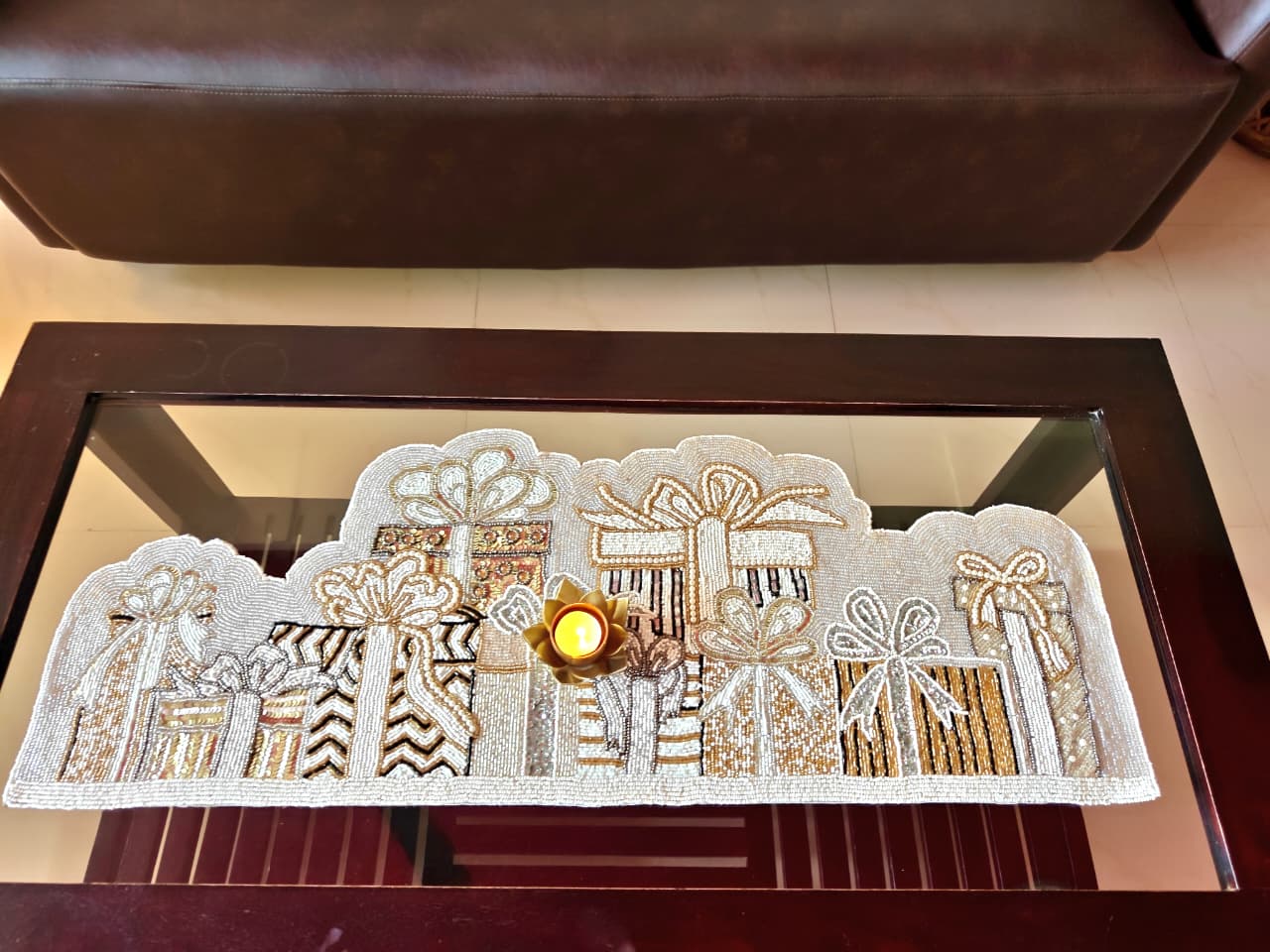 Victorian Gift of Life Stylish table runner Hand embroidered Table Runner Handcrafted Beads Silver Coffee TableRunner