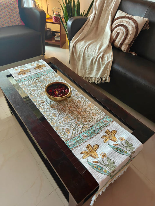 Hand Block Printed Slub Yarn Cotton Canvas Table Runner - 13 X 70inch
