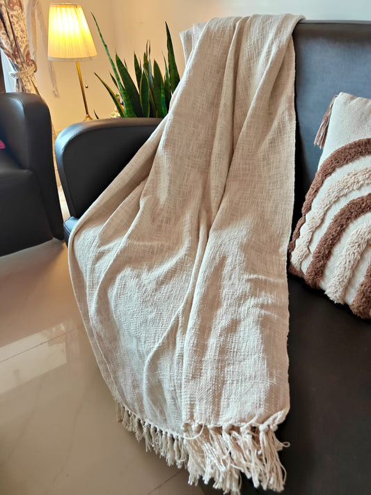 Premium Solid Slub Yarn Woven Throws with Tassels Off white