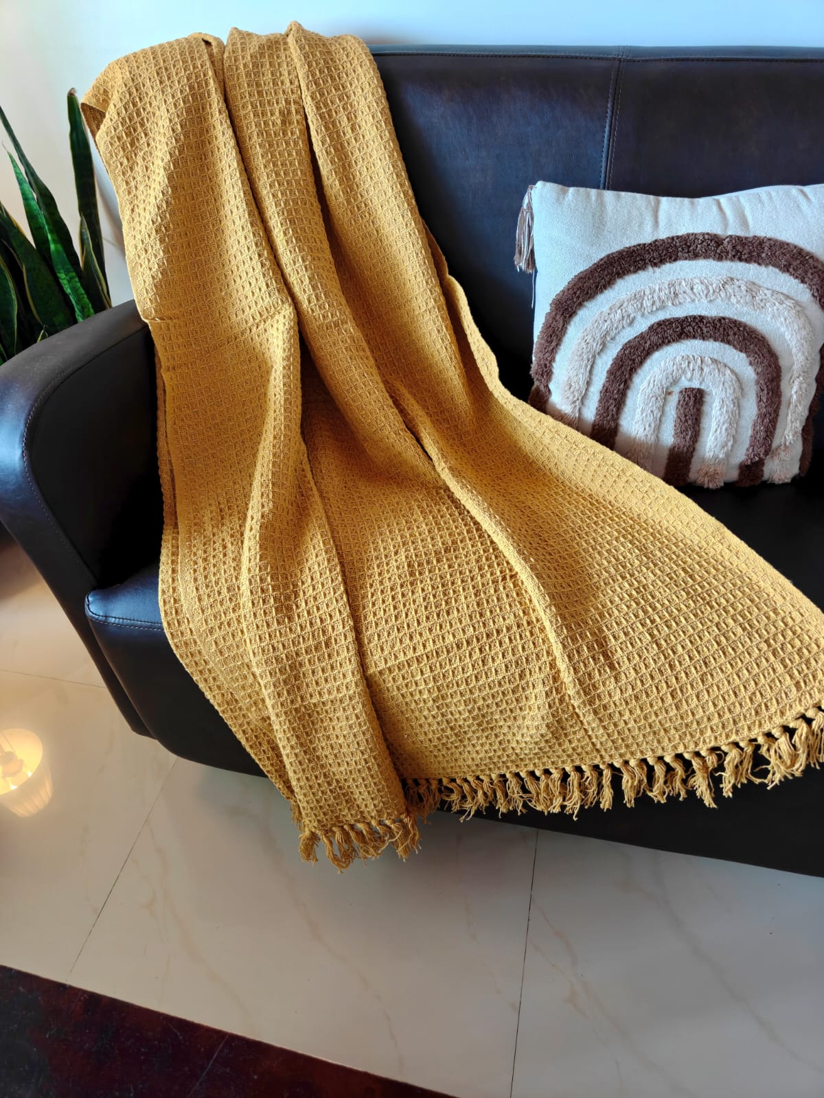 Mustard Waffle Weave Pure Cotton Throw (Onesize)