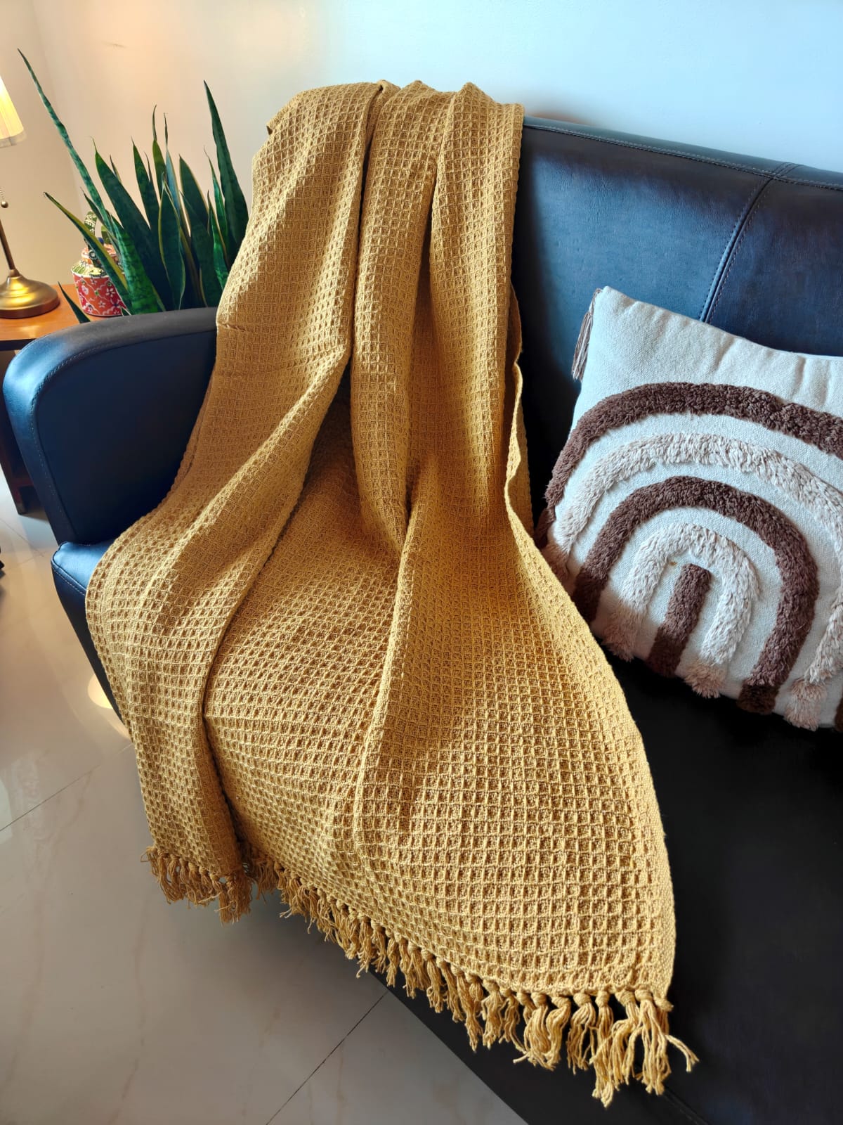 Mustard Waffle Weave Pure Cotton Throw (Onesize)