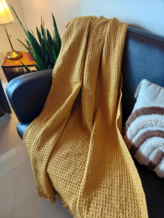 Mustard Waffle Weave Pure Cotton Throw (Onesize)