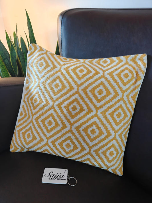 Boho Chic Mustard Yellow Jacquard Fabric Hand Woven Cotton Cushion Cover 16 x 16 inches