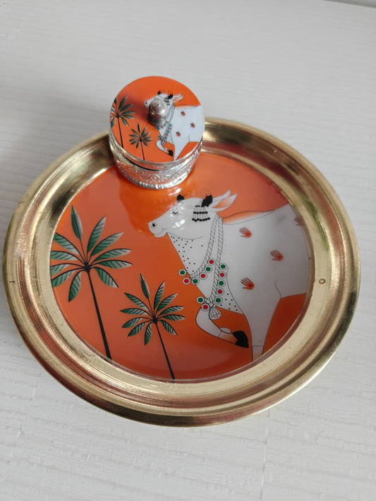 Buy Brass Pichwai Yellow Cow Kumkum Box with Plate ( 6 inches plate)