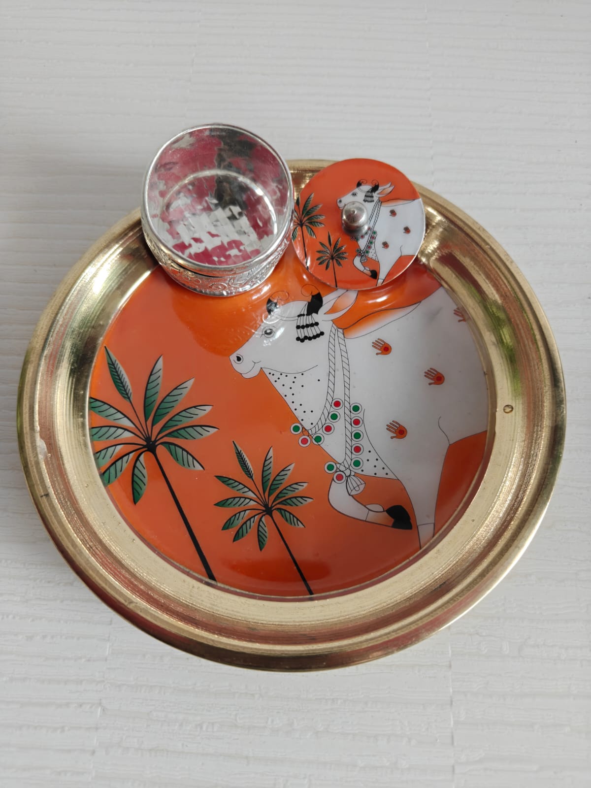 Buy Brass Pichwai Yellow Cow Kumkum Box with Plate ( 6 inches plate)