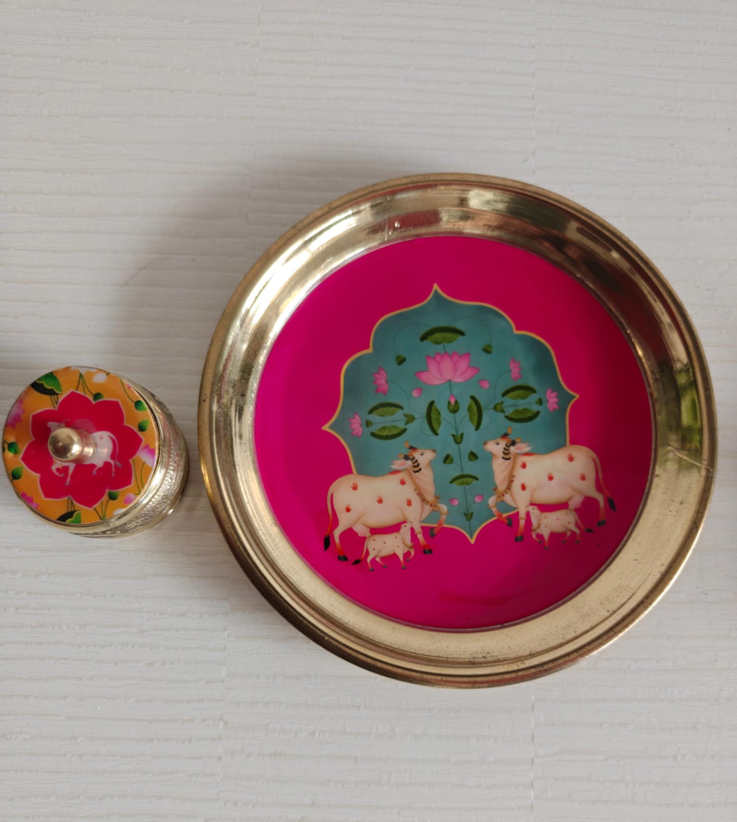 Buy Brass Pink Yellow Pichwai Kumkum Box with Plate ( 6 inches plate)
