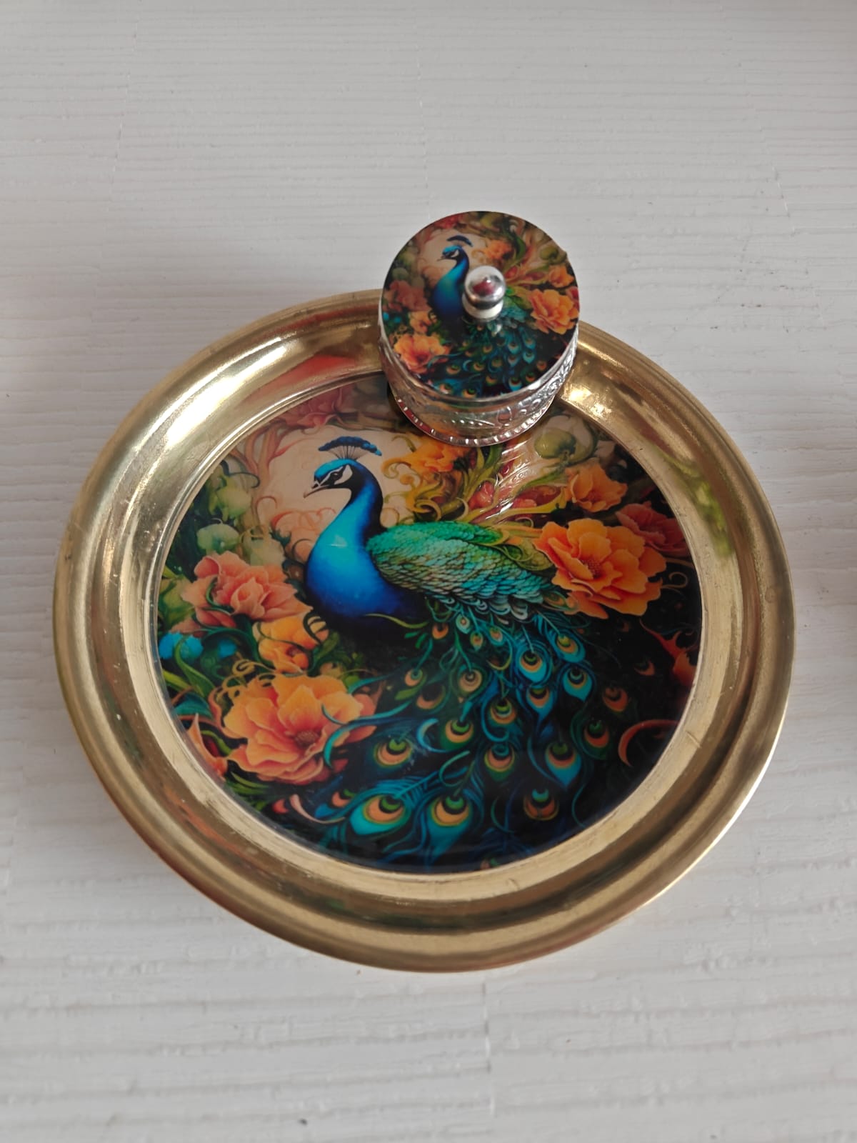 Buy Brass Golden Peacock Pichwai Kumkum Box with Plate ( 6 inches plate)