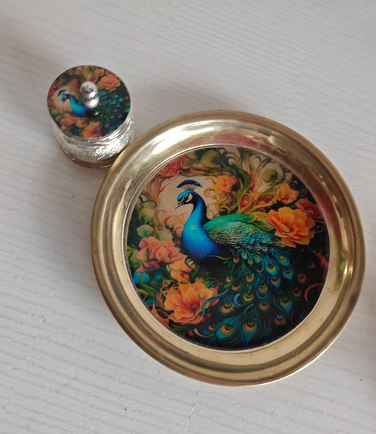 Buy Brass Golden Peacock Pichwai Kumkum Box with Plate ( 6 inches plate)