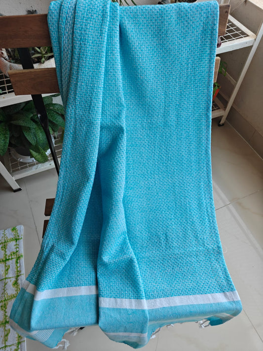Absorbent Weaved Tasseled Turkish Organic Cotton Bath Towel Blue