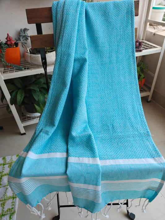 Absorbent Weaved Tasseled Turkish Organic Cotton Bath Towel Blue