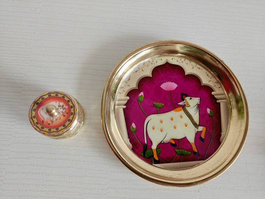 Buy Brass Pichwai Wine Cow Kumkum Box with Plate ( 6 inches plate)