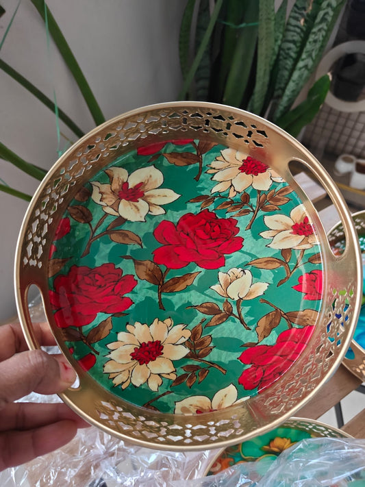 Elegant Gifting Set Pichwai Teal Jade Gulab Trays - 2 Tray Sets (10" inches+ 8 inches)