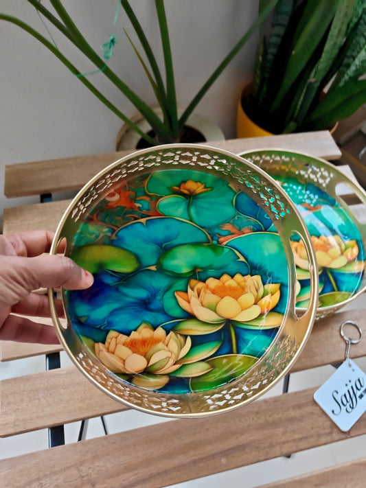 Pichwai Set of 2 Decorative Tray Big Tray 10 x10 inches & small Tray : 8 x8 inches Metal Pooja | Decor trays