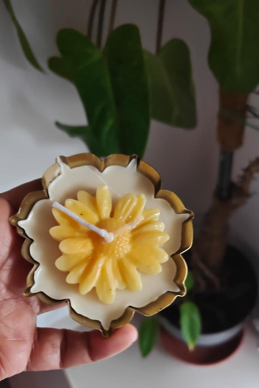 Daisy Soy Wax Gold Plated Urli Candle | Handcrafted Diya | 1 piece | Indian Festival Diya |  Decorative Metal Candle Holder for Pooja & Festive Decor