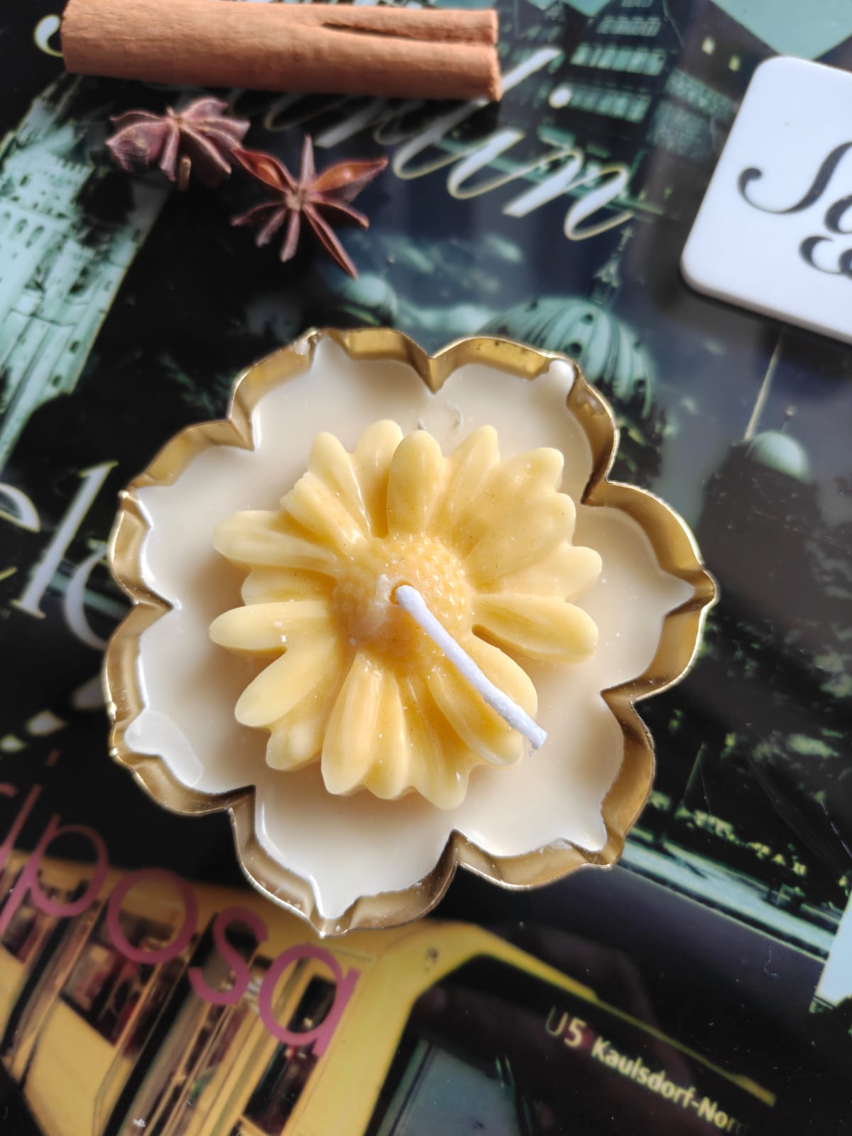 Daisy Soy Wax Gold Plated Urli Candle | Handcrafted Diya | 1 piece | Indian Festival Diya |  Decorative Metal Candle Holder for Pooja & Festive Decor