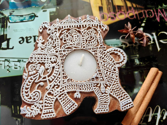 Rajwada Elephant Handcarved Pure Wood Diya Tealight Candle Holder | Handcrafted Diya | 1 piece | Indian Festival Diya