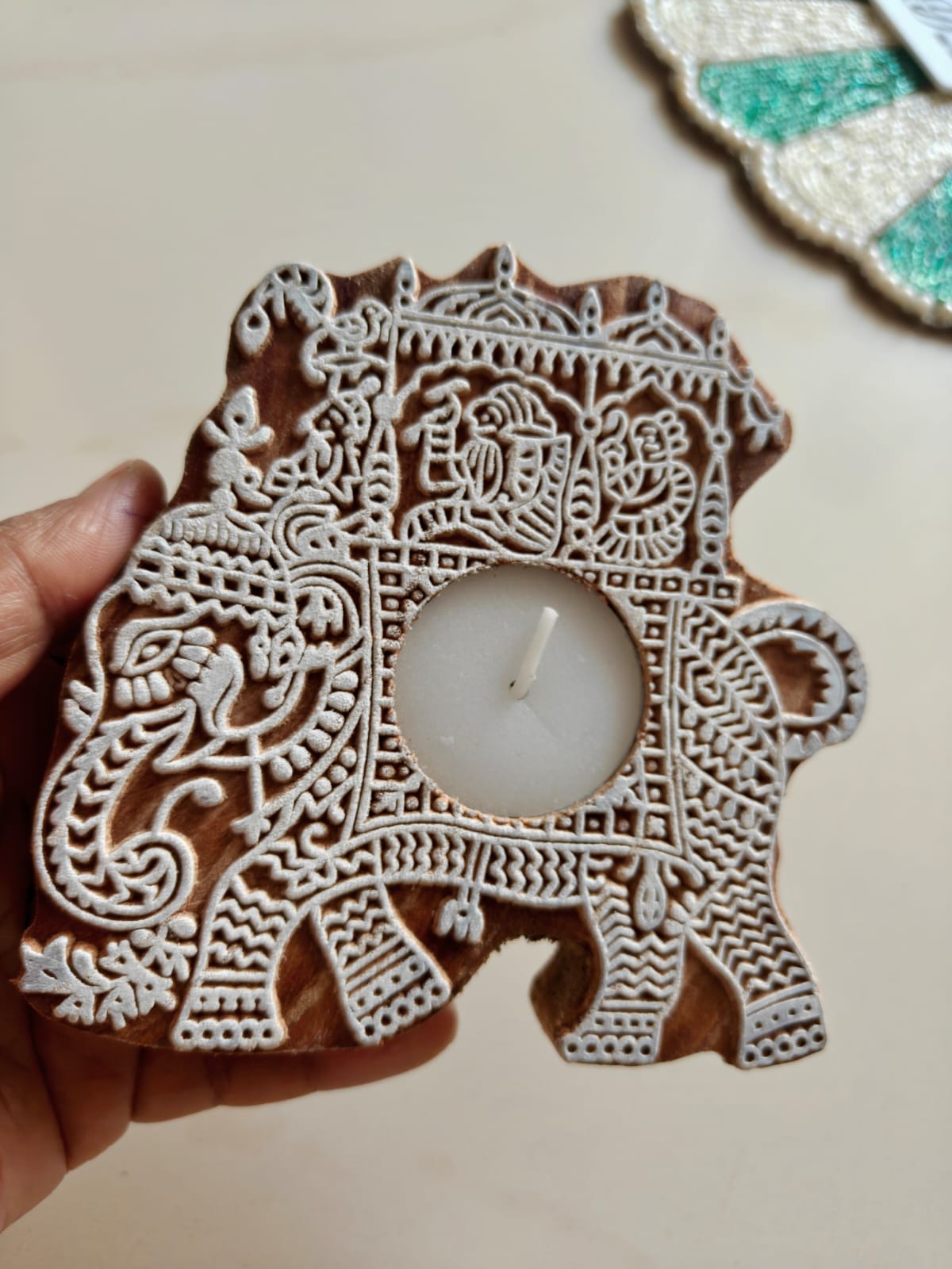 Rajwada Elephant Handcarved Pure Wood Diya Tealight Candle Holder  | Handcrafted Diya | 1 piece | Indian Festival Diya