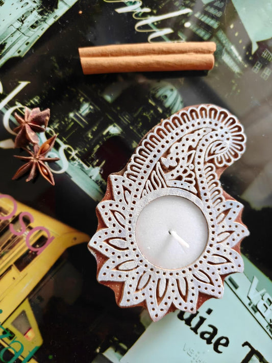 Wooden Hand Block Engraved Paisley Tea light Holder | Handcrafted Diya | 1 piece | Indian Diya