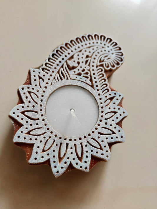 Wooden Hand Block Engraved Paisley Tea light Holder | Handcrafted Diya | 1 piece | Indian Diya