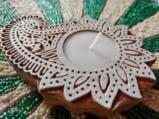 Wooden Hand Block Engraved Paisley Tea light Holder | Handcrafted Diya | 1 piece | Indian Diya