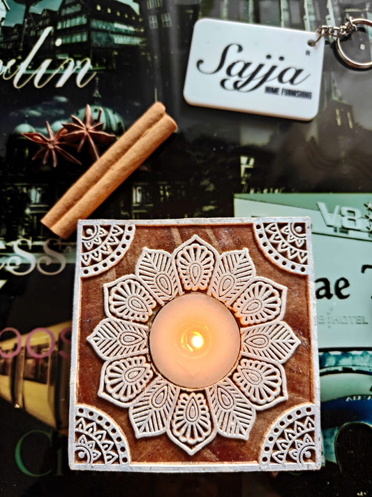 Wooden Block Decorative Polished Tealight Candle Holder  | Handcrafted Diya