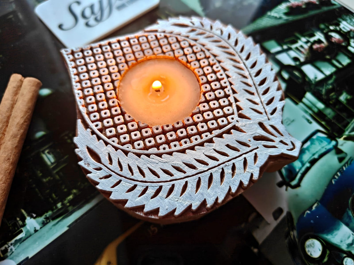 Embrace the Divinity Wooden Hand Block Engraved Tea light holder| 1 piece | Indian Festival Diya