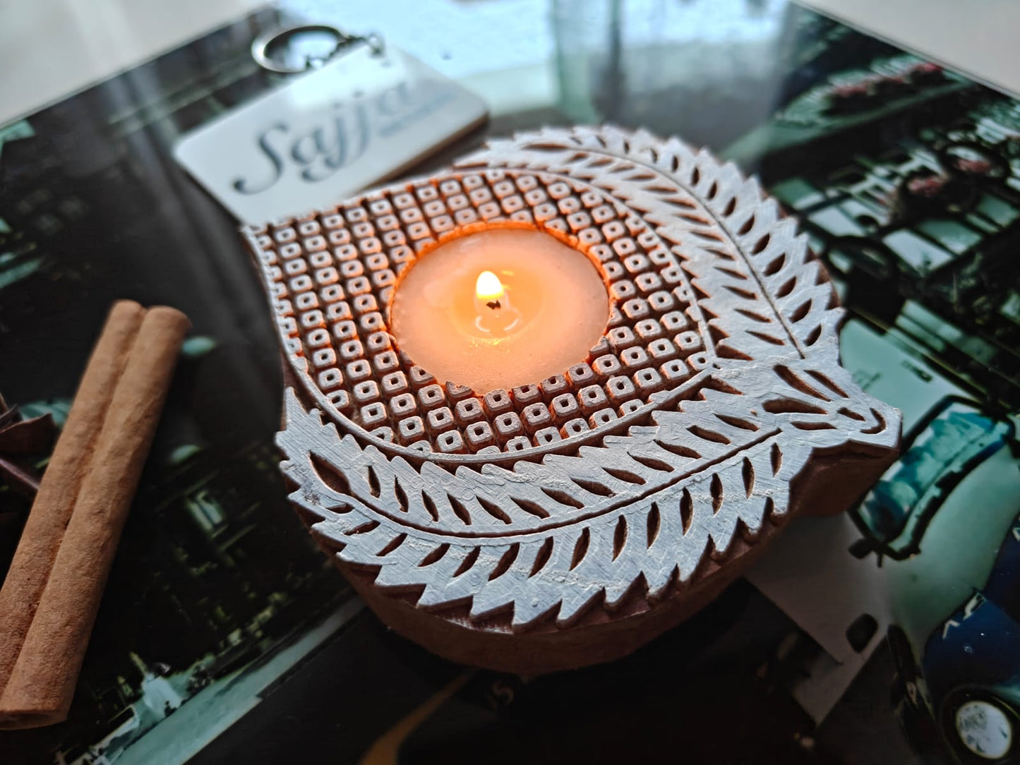Embrace the Divinity Wooden Hand Block Engraved Tea light holder| 1 piece | Indian Festival Diya