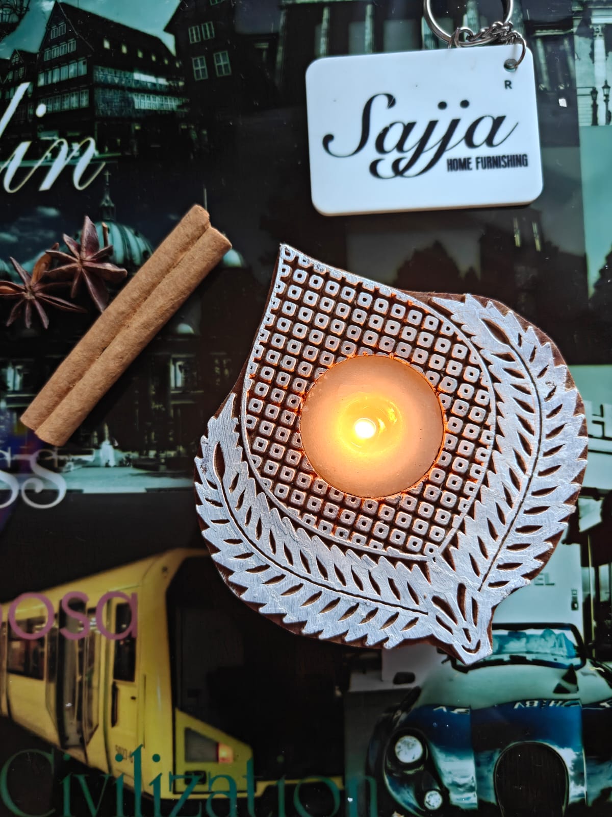 Embrace the Divinity Wooden Hand Block Engraved Tea light holder| 1 piece | Indian Festival Diya