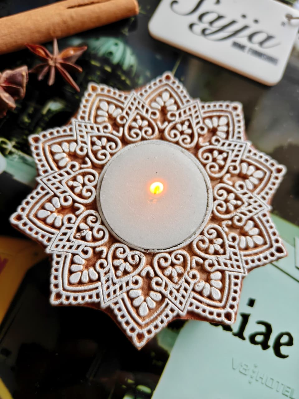 Decagram Handcrafted Wood Tealight Candle Holder  | Handcrafted Diya | 1 piece | Indian Festival Diya