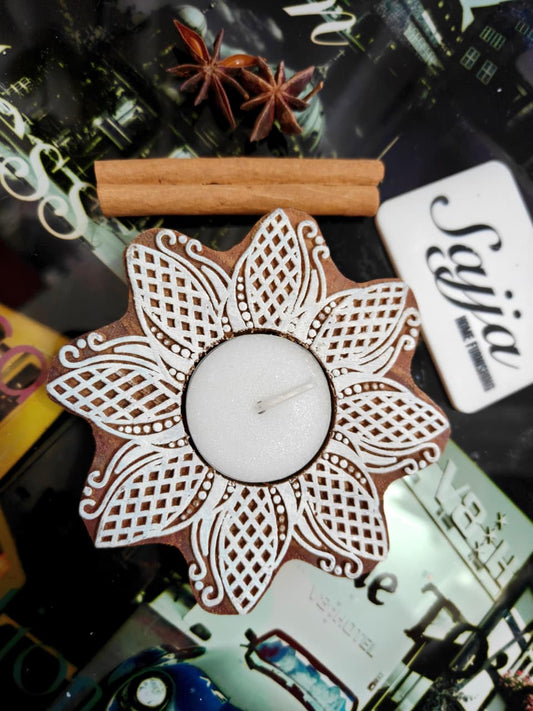 Designer Round Handcrafted Wood Tealight Candle Holder | Handcrafted Diya | 1 piece | Indian Festival Diya