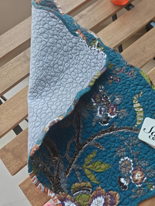 Jacobean Print Floral Quilted Dark Blue Cotton Focal Runner Table Mat Placemat