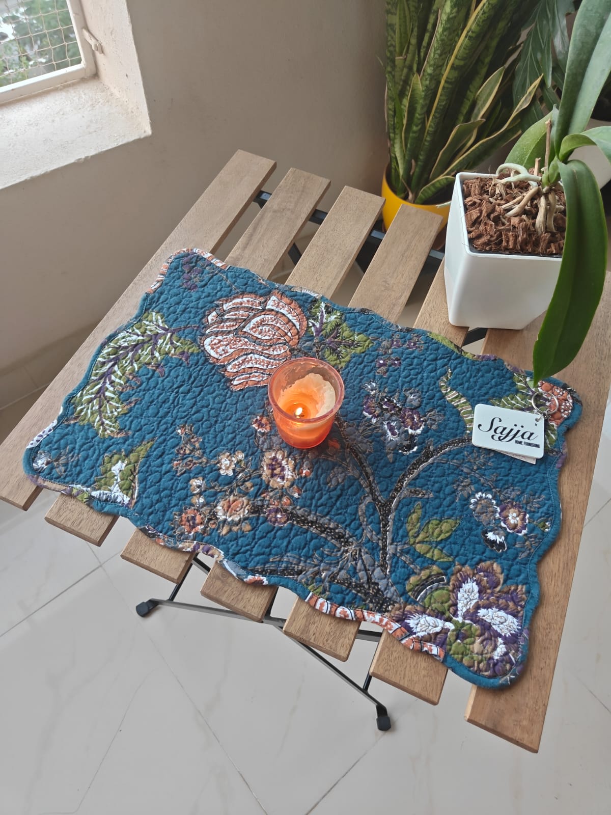 Jacobean Print Floral Quilted Dark Blue Cotton Focal Runner Table Mat Placemat