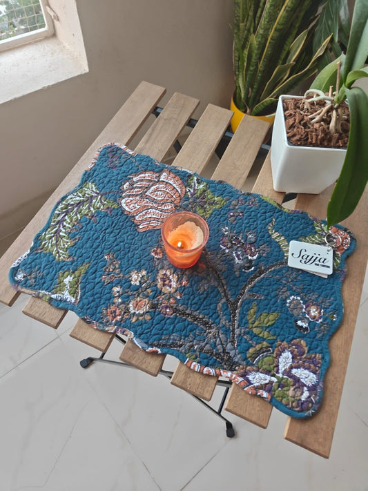 Jacobean Print Floral Quilted Dark Blue Cotton Focal Runner Table Mat Placemat