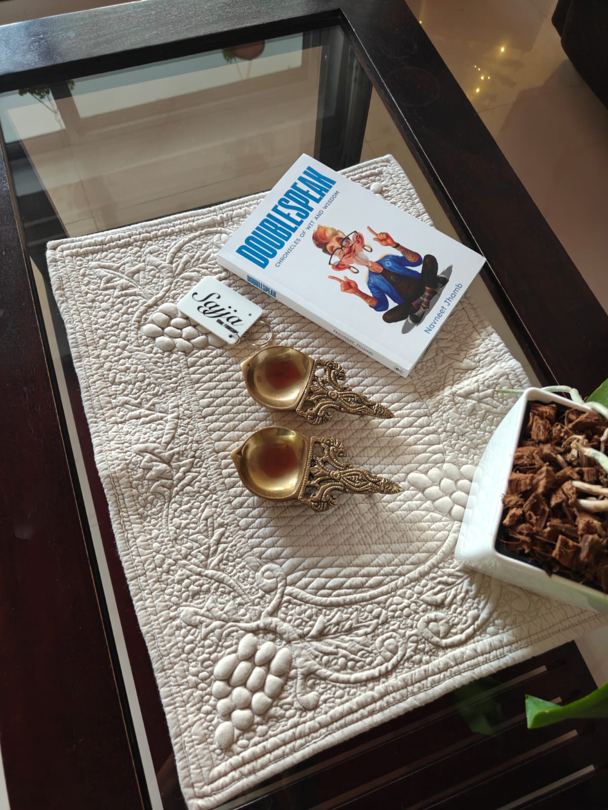 Victorian Trellis Pattern Quilted Organic Cotton Focal Runner Table Placemat Earthy Brown