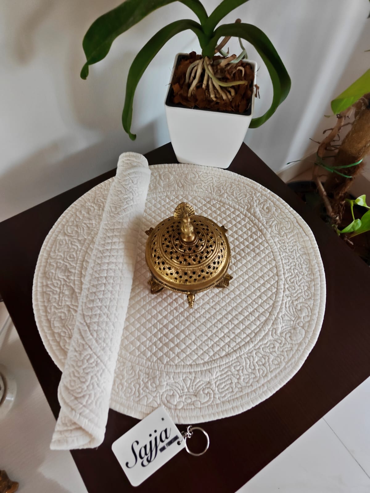 Cream Cotton Quilted Round Placemat Trivet Set of 2