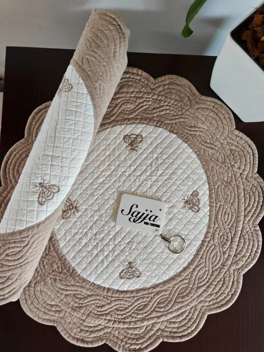 Trellis Quilted Ivory Brown Reversible Cotton Round Fabric Table Placemat Set of 2