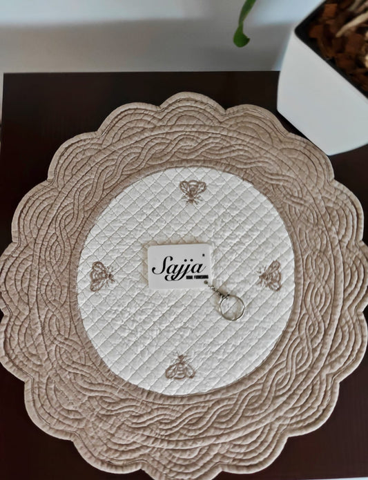 Trellis Quilted Ivory Brown Reversible Cotton Round Fabric Table Placemat Set of 2