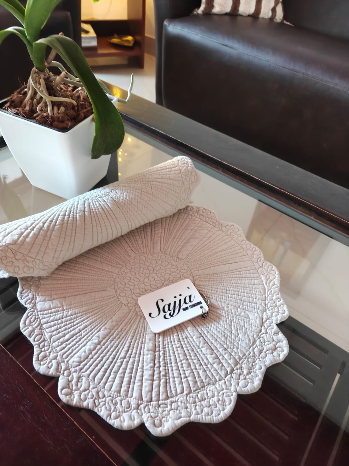 Designer Sajja Cotton Quilted Round Cotton Gray Table Mats Buy online