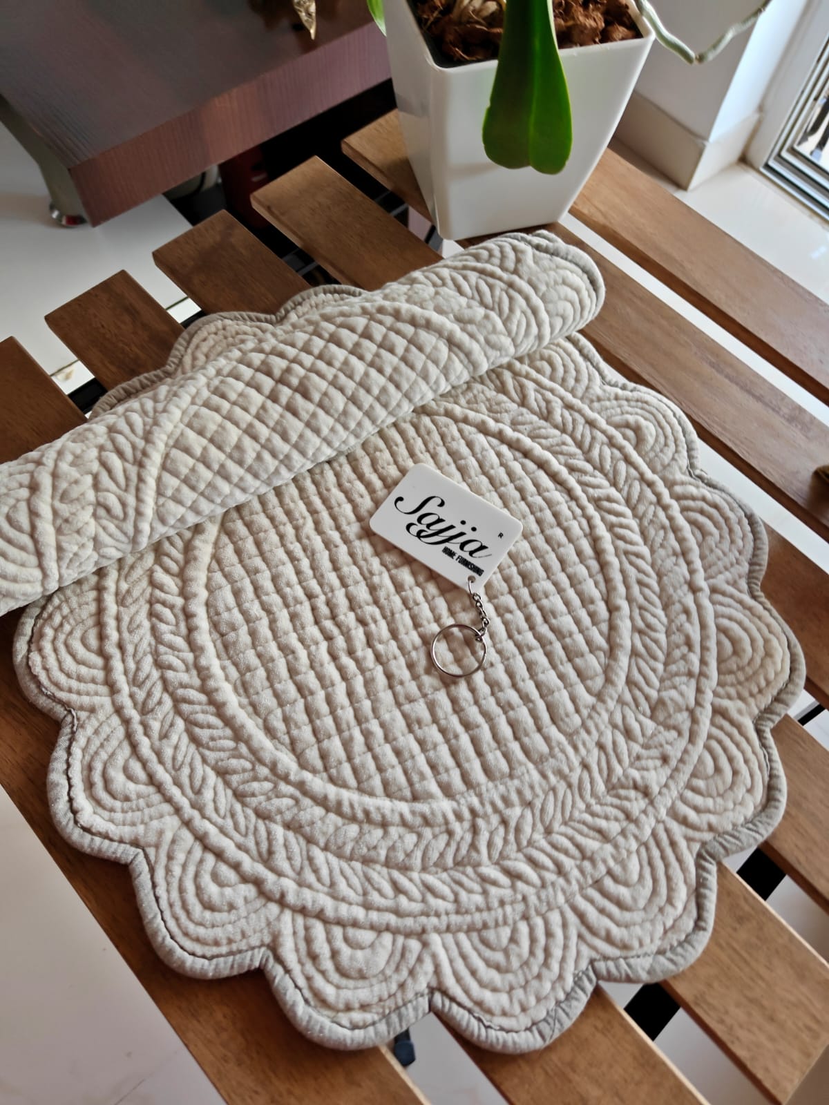 Velvet Ivory Patta Floral Hand Quilted Round Cotton Table Fabric Placemat Pair