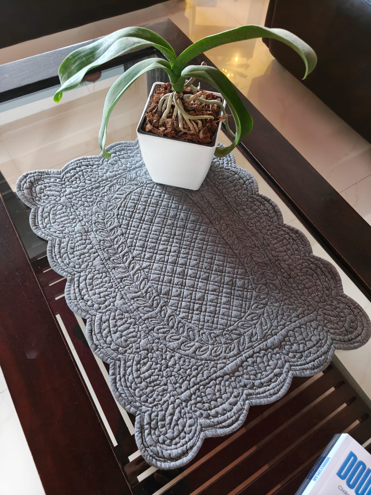 Smart n Subtle Grey Trellis Design Rectangular Cotton Fabric Table Mat