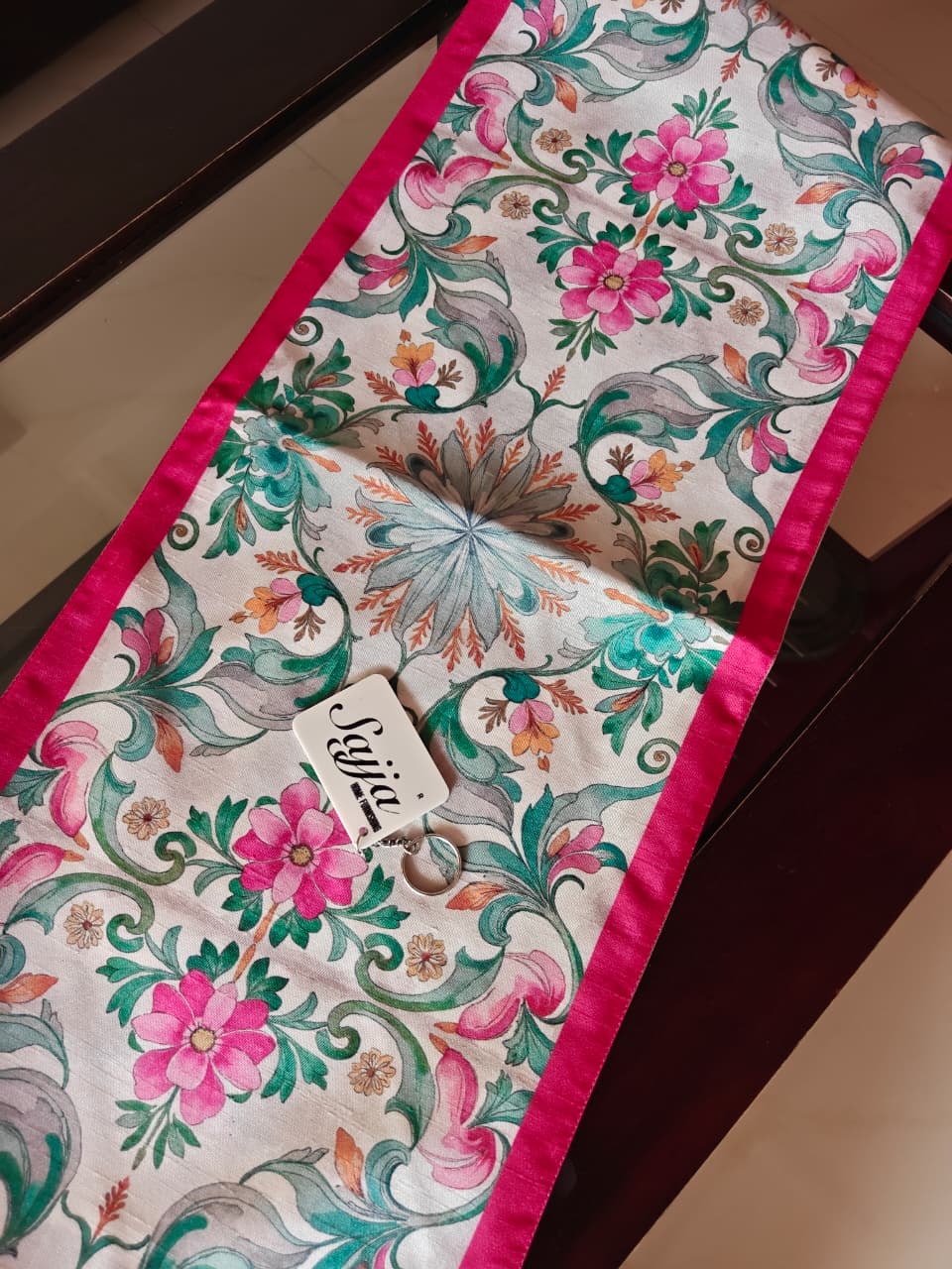 French Renaissance Blush Pink Floral Silk Table Runner (L-48in, W-12in)