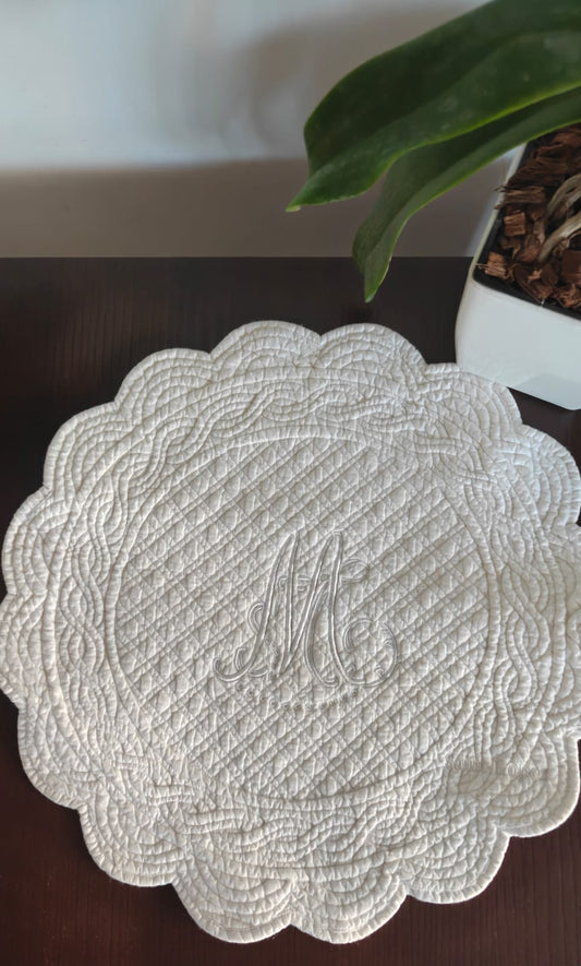 White Embriodered Floral Quilted Reversible Cotton Round Table Placemat Trivet - 1 piece