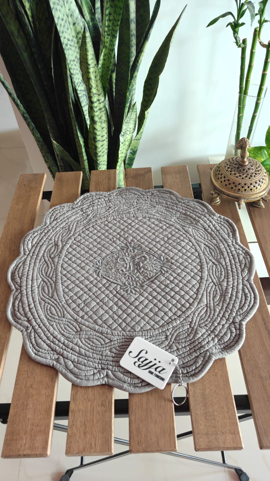 Sajja Buy Online Grey Floral Cotton Round Table Fabric Placemat