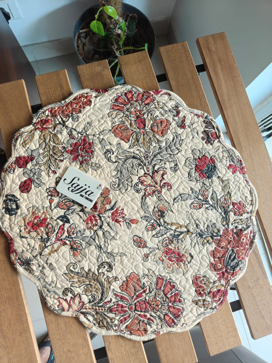 Printed Revrsible Quilted Floral Sustainable Cotton Fabric Focal Round Table Placemat Set of 2